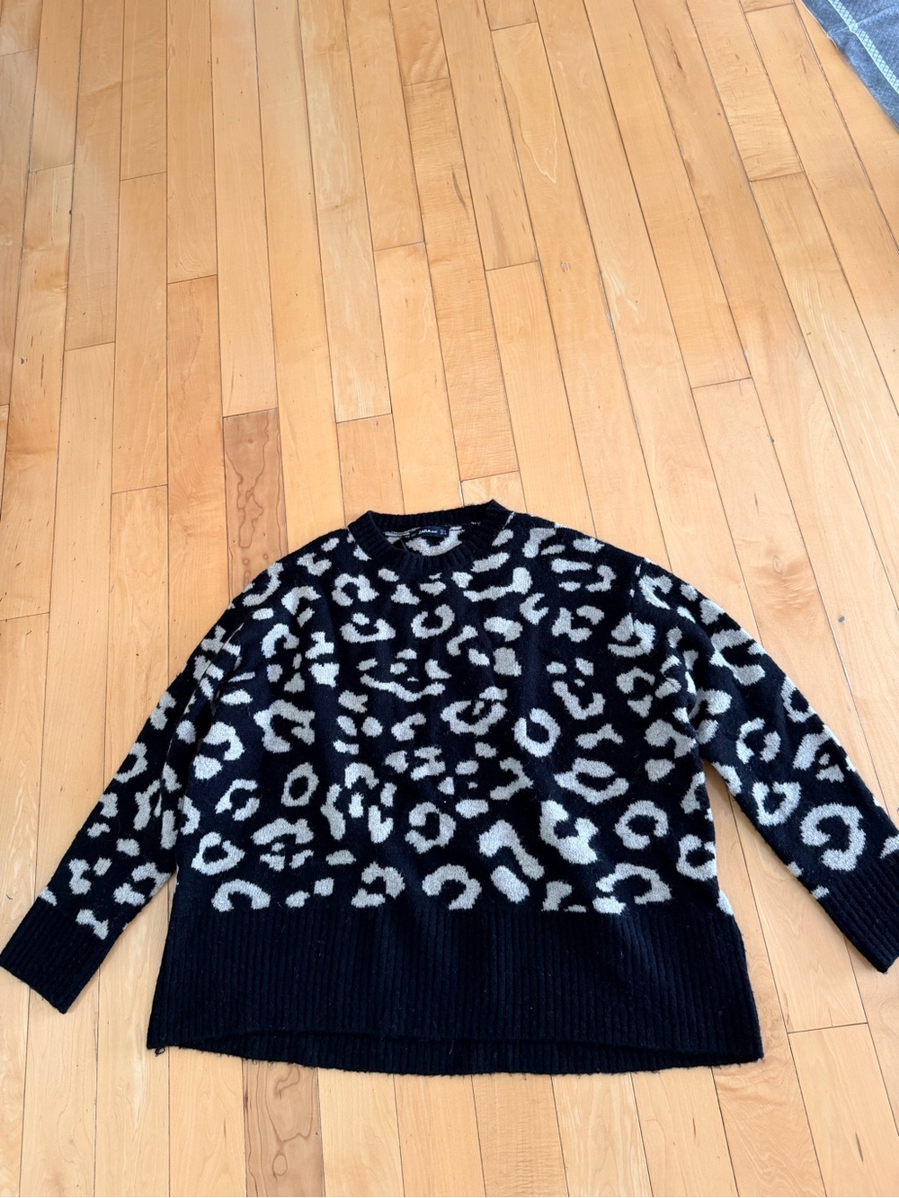 Zara Black and Cream Leopard-Pattern Crewneck Sweater